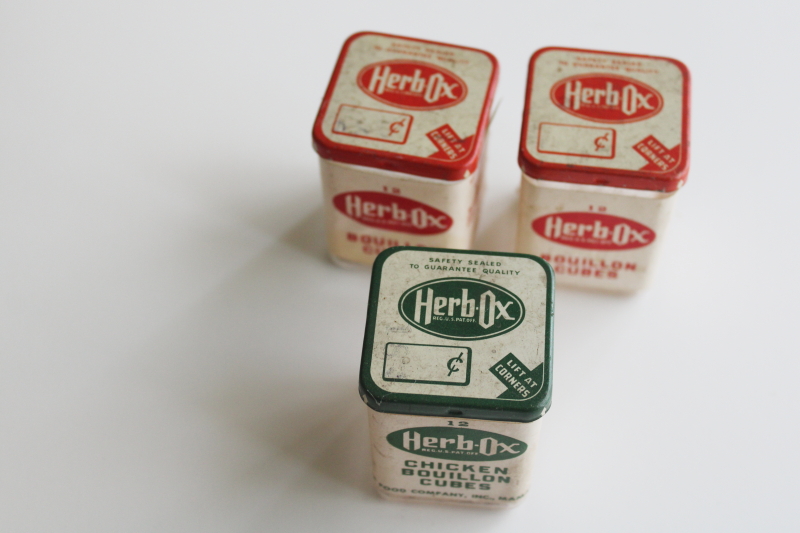 photo of vintage Herb Ox bouillon cubes boxes w/ red & green labels, collectible advertising soup spice jars  #2