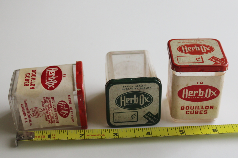 photo of vintage Herb Ox bouillon cubes boxes w/ red & green labels, collectible advertising soup spice jars  #4