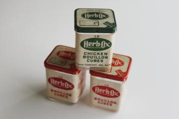 catalog photo of vintage Herb Ox bouillon cubes boxes w/ red & green labels, collectible advertising soup spice jars 