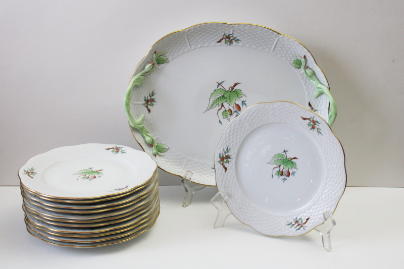 photo of vintage Herend china set of 12 plates w/ serving tray hand painted rose hips berries & leaves HER16 pattern  #1