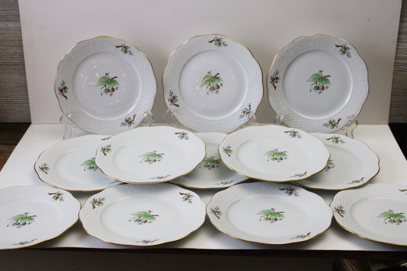 photo of vintage Herend china set of 12 plates w/ serving tray hand painted rose hips berries & leaves HER16 pattern  #5
