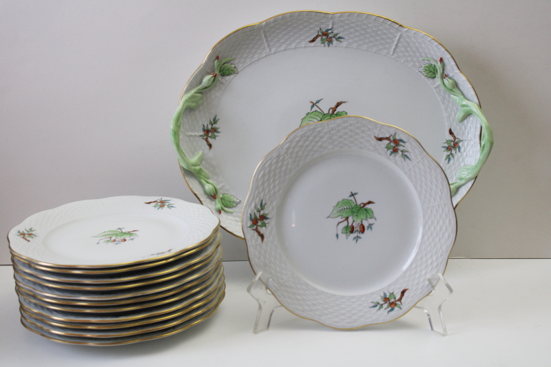 photo of vintage Herend china set of 12 plates w/ serving tray hand painted rose hips berries & leaves HER16 pattern  #7
