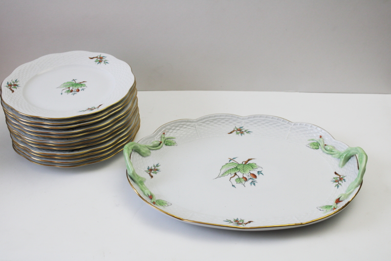 photo of vintage Herend china set of 12 plates w/ serving tray hand painted rose hips berries & leaves HER16 pattern  #13