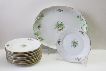 catalog photo of vintage Herend china set of 12 plates w/ serving tray hand painted rose hips berries & leaves HER16 pattern 