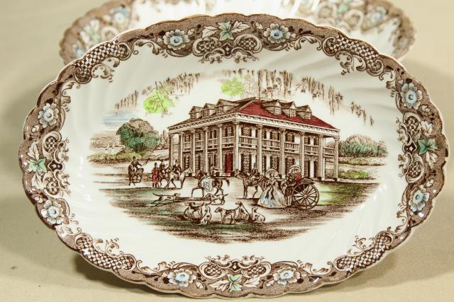 photo of vintage Heritage Hall Johnson Bros brownmulti-color transferware china, Southern Plantation #12