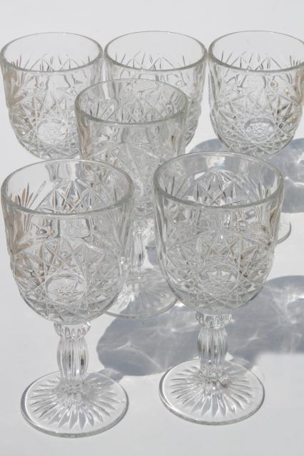 photo of vintage Hobstar crystal clear Libbey glass water glasses, large wine goblets set of 6 #1