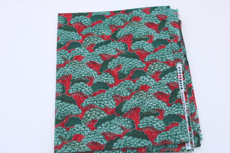 photo of vintage Hoffman fabric, silky smooth cotton Wood Block trees green & dark red, Japanese style design print #1
