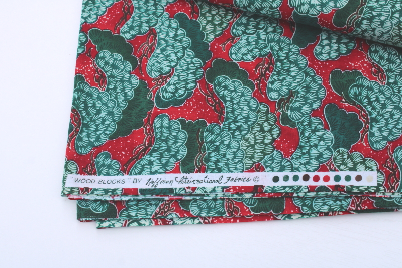 photo of vintage Hoffman fabric, silky smooth cotton Wood Block trees green & dark red, Japanese style design print #5