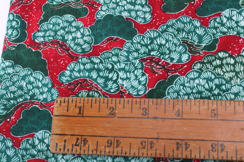photo of vintage Hoffman fabric, silky smooth cotton Wood Block trees green & dark red, Japanese style design print #9