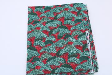 catalog photo of vintage Hoffman fabric, silky smooth cotton Wood Block trees green & dark red, Japanese style design print