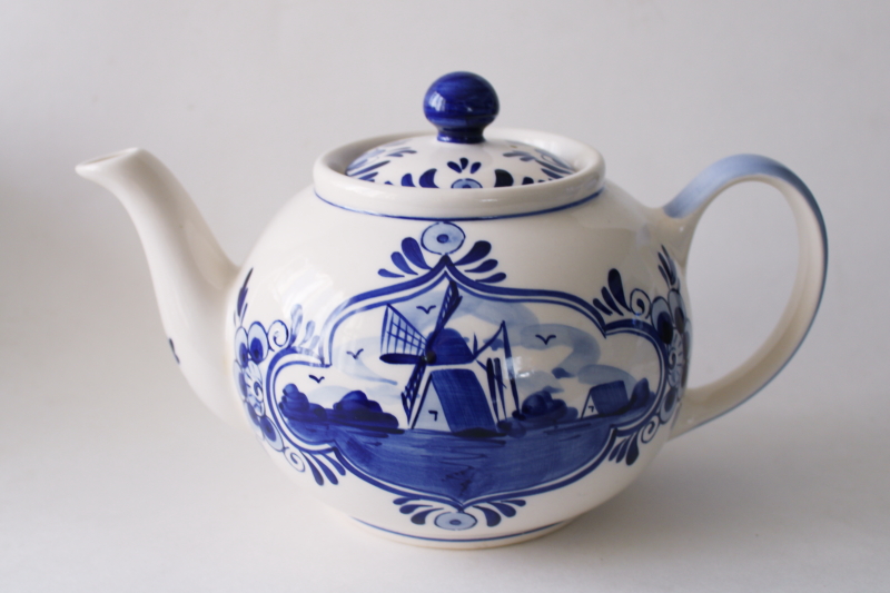 photo of vintage Holland Delft blue hand painted pottery teapot w/ Dutch windmills  #1