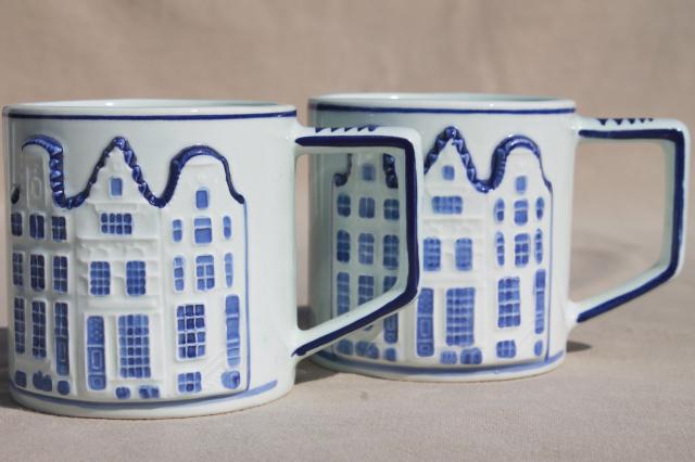 photo of vintage Holland Delft mugs, blue & white handpainted coffee cups w/ Dutch row houses #1