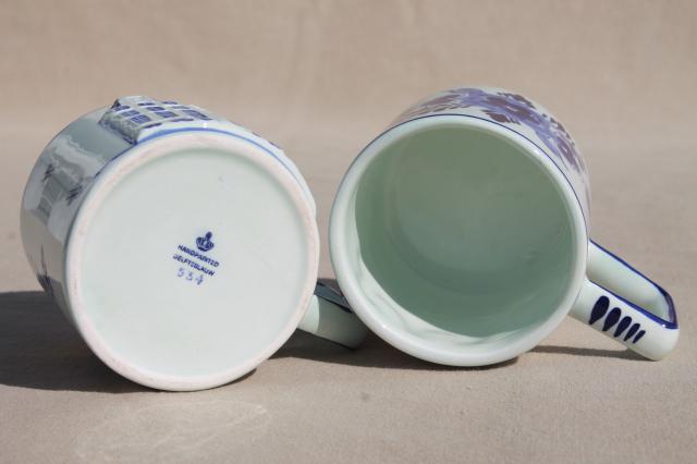 photo of vintage Holland Delft mugs, blue & white handpainted coffee cups w/ Dutch row houses #4