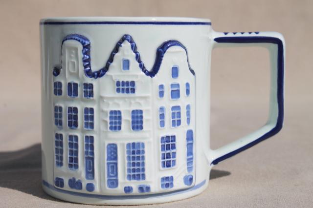 photo of vintage Holland Delft mugs, blue & white handpainted coffee cups w/ Dutch row houses #6