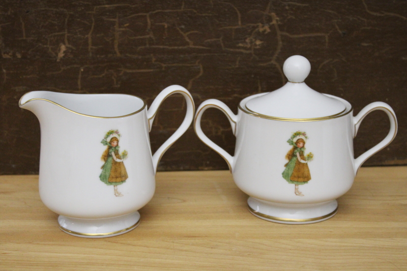 photo of vintage Holly Hobbie Green Girl pattern china dinnerware, cream pitcher & sugar bowl set #1