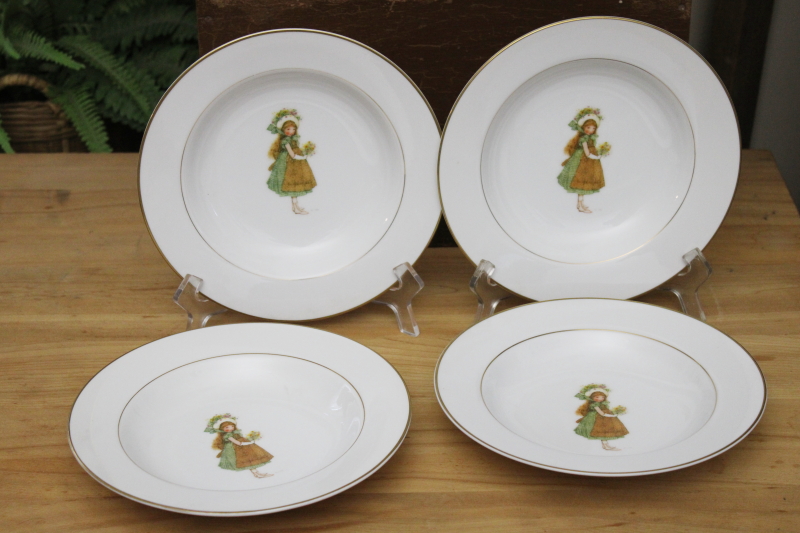 photo of vintage Holly Hobbie Green Girl pattern china dinnerware, set of four rim soup bowls #1