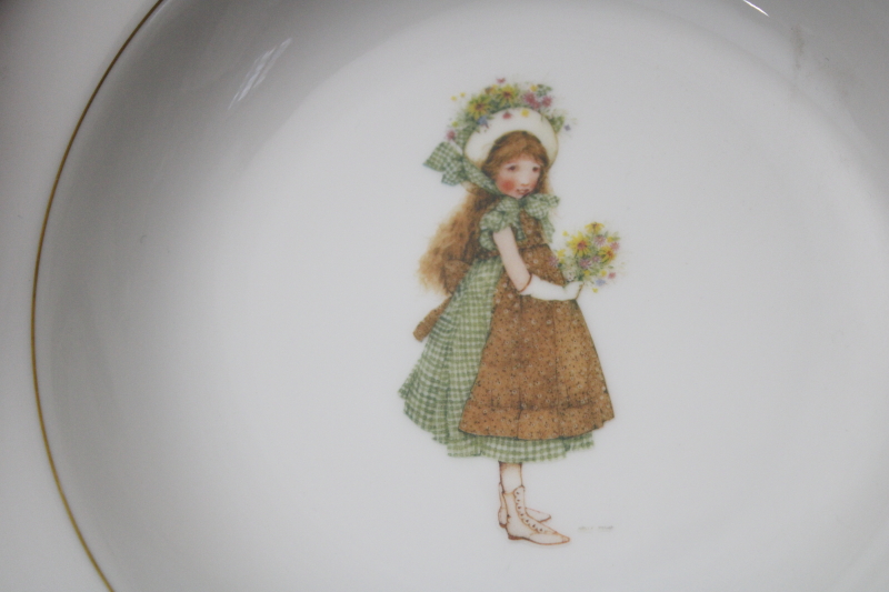 photo of vintage Holly Hobbie Green Girl pattern china dinnerware, set of four rim soup bowls #4