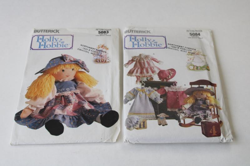 photo of vintage Holly Hobbie cloth doll & clothes, Butterick sewing patterns dated 1990 #1