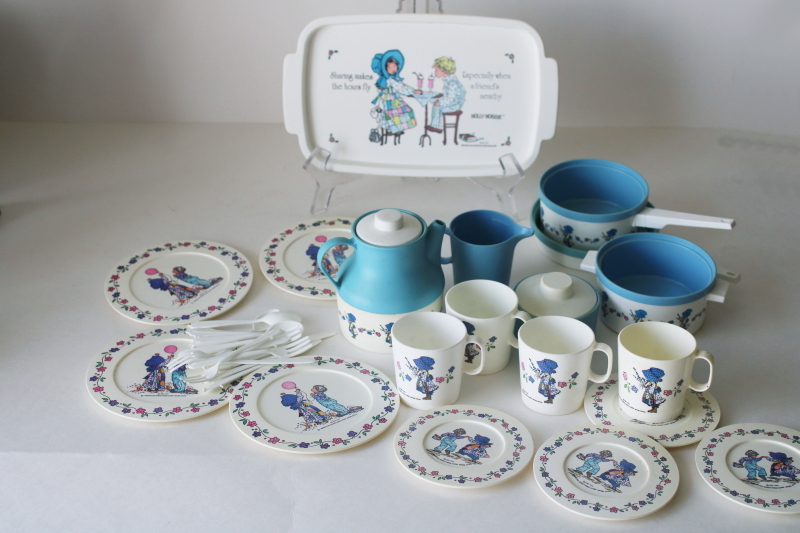 photo of vintage Holly Hobbie toy tea set, plastic doll dishes & pretend play kitchen pots & pans  #1