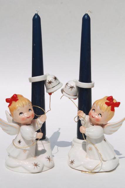 photo of vintage Holt Howard Japan ceramic Christmas figurine candle holders, bell ringing girls #1