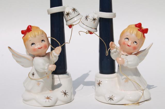 photo of vintage Holt Howard Japan ceramic Christmas figurine candle holders, bell ringing girls #3