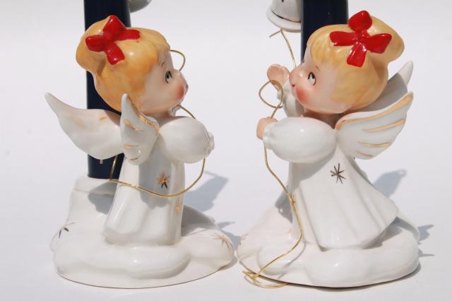 photo of vintage Holt Howard Japan ceramic Christmas figurine candle holders, bell ringing girls #6