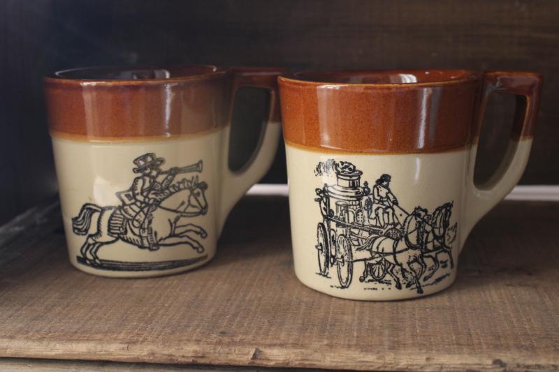 photo of vintage Holt Howard McCoy stoneware pottery mugs, town crier & coaching days scenes #1