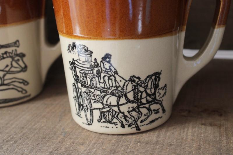 photo of vintage Holt Howard McCoy stoneware pottery mugs, town crier & coaching days scenes #2