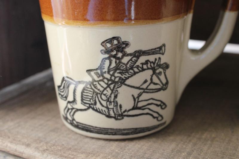 photo of vintage Holt Howard McCoy stoneware pottery mugs, town crier & coaching days scenes #3