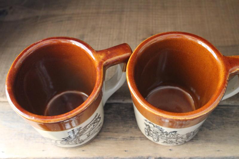 photo of vintage Holt Howard McCoy stoneware pottery mugs, town crier & coaching days scenes #4