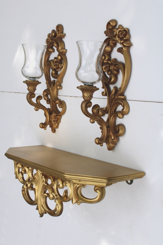 photo of vintage Homco gold rococo plastic candle sconces w/ glass shades, wall mount bracket shelf  #1