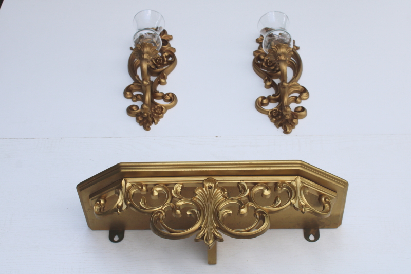 photo of vintage Homco gold rococo plastic candle sconces w/ glass shades, wall mount bracket shelf  #4