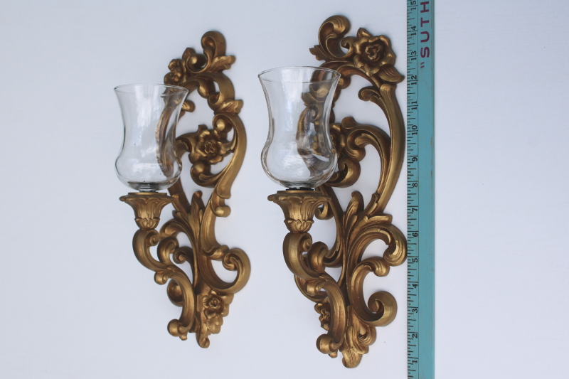 photo of vintage Homco gold rococo plastic candle sconces w/ glass shades, wall mount bracket shelf  #9