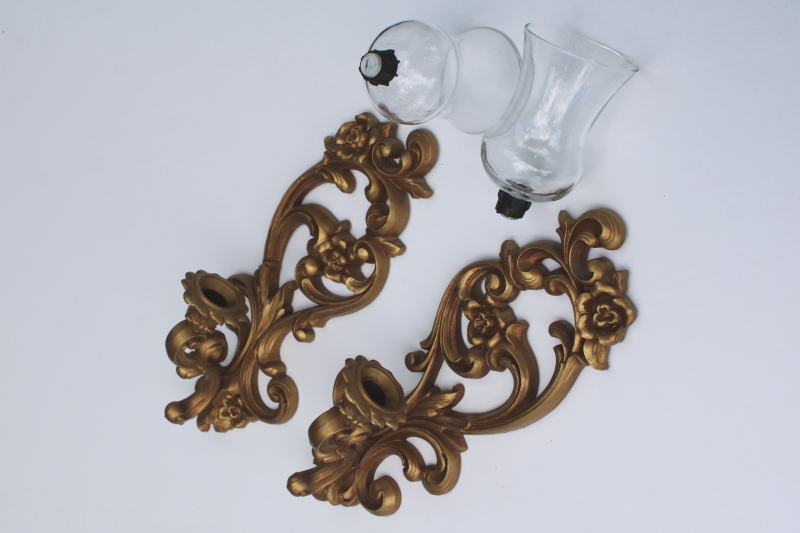 photo of vintage Homco gold rococo plastic candle sconces w/ glass shades, wall mount bracket shelf  #10