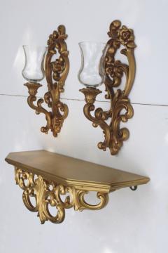 catalog photo of vintage Homco gold rococo plastic candle sconces w/ glass shades, wall mount bracket shelf 
