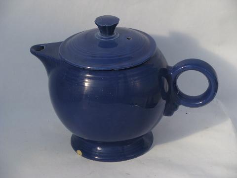 photo of vintage Homer Laughlin Fiesta blue pottery teapot, shabby shelf sitter #1