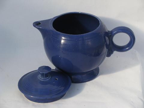 photo of vintage Homer Laughlin Fiesta blue pottery teapot, shabby shelf sitter #2