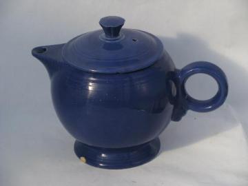 catalog photo of vintage Homer Laughlin Fiesta blue pottery teapot, shabby shelf sitter