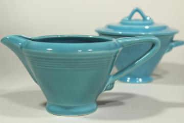 catalog photo of vintage Homer Laughlin Harlequin turquoise ceramic cream pitcher & sugar bowl set