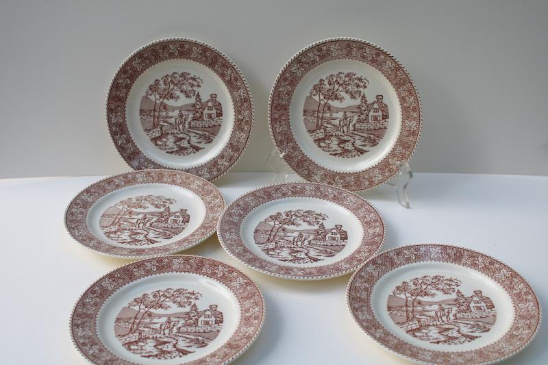 photo of vintage Homer Laughlin Kingsway brown transferware plates, Traveler's Welcome berries border #1