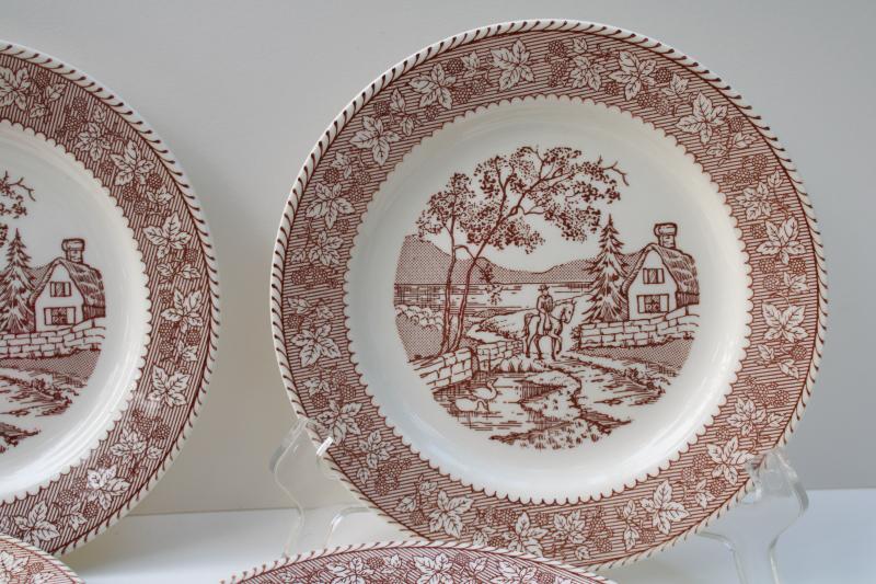 photo of vintage Homer Laughlin Kingsway brown transferware plates, Traveler's Welcome berries border #2