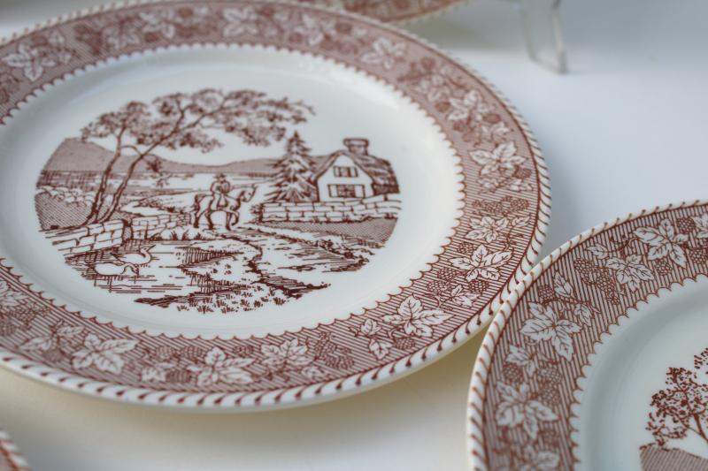 photo of vintage Homer Laughlin Kingsway brown transferware plates, Traveler's Welcome berries border #3