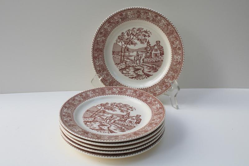 photo of vintage Homer Laughlin Kingsway brown transferware plates, Traveler's Welcome berries border #6