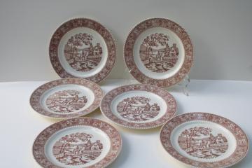 catalog photo of vintage Homer Laughlin Kingsway brown transferware plates, Traveler's Welcome berries border