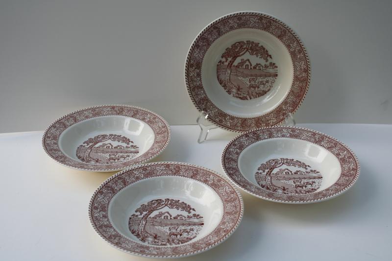 photo of vintage Homer Laughlin Kingsway brown transferware soup bowls Springtime Farm berries border #1