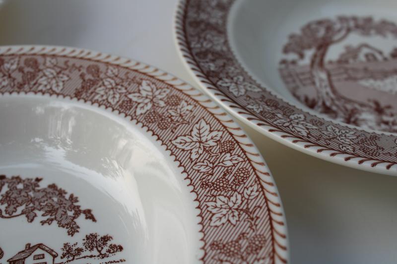 photo of vintage Homer Laughlin Kingsway brown transferware soup bowls Springtime Farm berries border #2