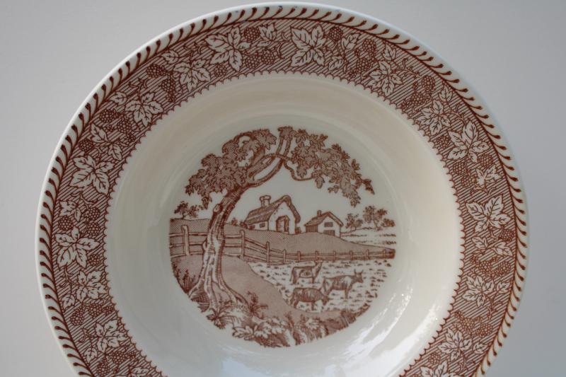 photo of vintage Homer Laughlin Kingsway brown transferware soup bowls Springtime Farm berries border #3