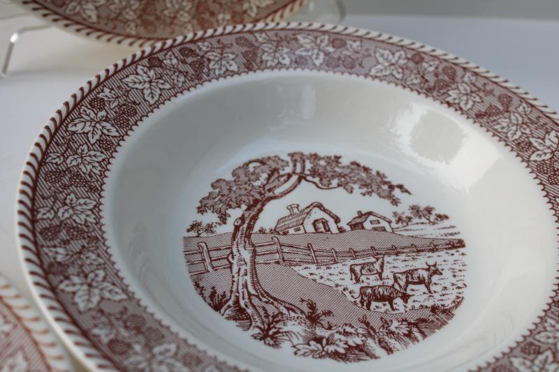 photo of vintage Homer Laughlin Kingsway brown transferware soup bowls Springtime Farm berries border #4