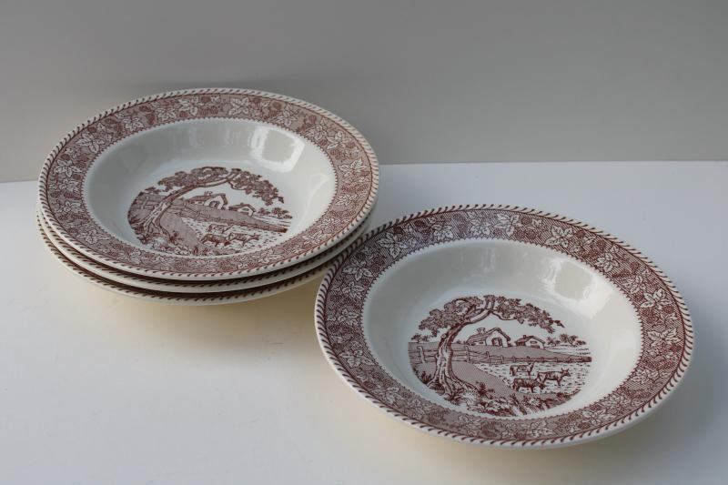 photo of vintage Homer Laughlin Kingsway brown transferware soup bowls Springtime Farm berries border #9