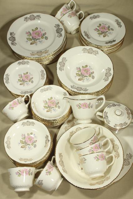 photo of vintage Homer Laughlin Queen Esther moss rose china, estate dinnerware set for 8 #1